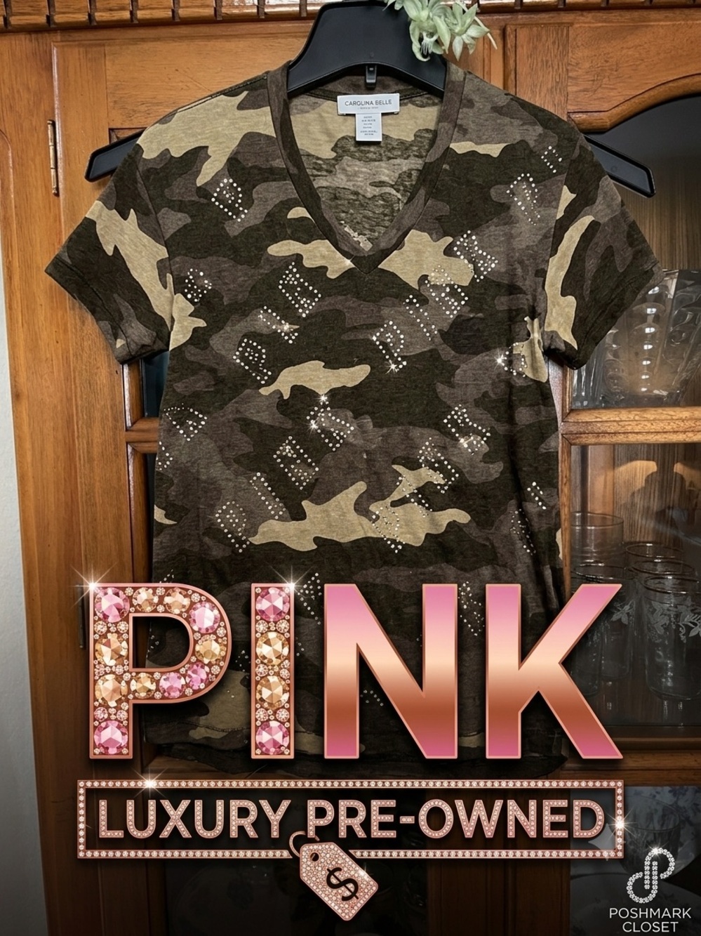 VICTORIA SECRET Pink Bling Camo Tee Shirt Size:SP NEW~Never Worn w Rhinestones